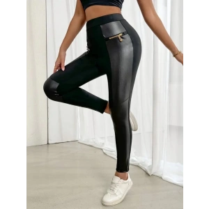 Kadın Yüksek Bel Yan şerit Deri Detay Fermuarlı Dalgıç Tayt