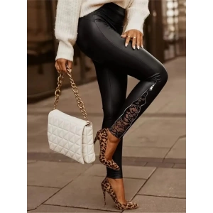 Kadın Yüksek Bel Yandan Yırtmaçlı Dantel Detaylı Deri Tayt