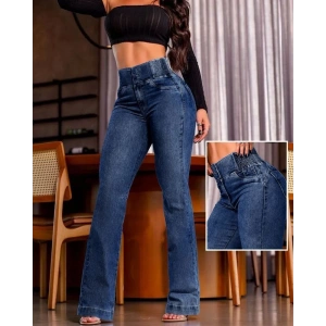 Kadın Yüksek Bel Yanları Lastik önü Düğmeli Kot Pantolon