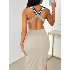 Kadın Yuvarlak Yaka Sırttan çapraz şerit Love Detaylı Yırtmaçlı Viskon Elbise