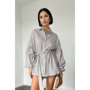 Kahverengi Çizgili Poplin Kuşaklı Gömlek