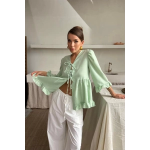 KETEN BLUZ ÖNDEN BAĞLAMALI FIRFIR DETAYLI - Yeşil