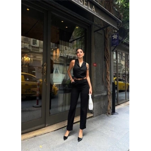 KETEN DUBLE PAÇA DERİ TABA KEMERLİ PANTOLON - Siyah