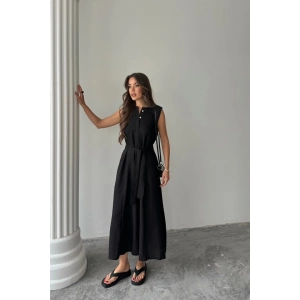 KETEN ELBİSE KOLSUZ BEL BAĞLAMALI MAXİ ELBİSE - Siyah