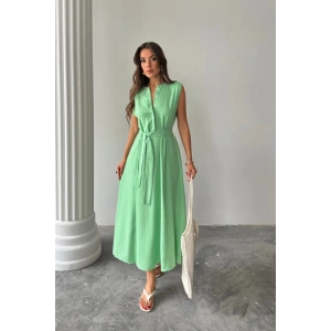 KETEN ELBİSE KOLSUZ BEL BAĞLAMALI MAXİ ELBİSE - Yeşil