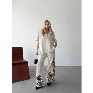 Keten Kısa Kolu  V Yaka Bluz Pantolon Ikili Takım- Beyaz