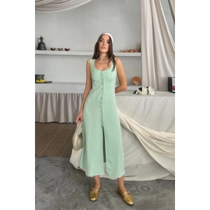 KETEN KOLSUZ KARE YAKA DÜĞME DETAYLI ELBİSE - Mint