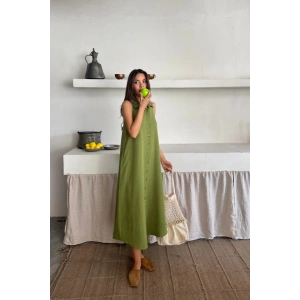 KETEN ÖNDEN DÜĞMELİ KOLSUZ GÖMLEK YAKA ELBİSE - Yağ Yeşili