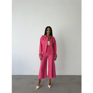KETEN PÜSKÜL DETAYLI GÖMLEK-PANTOLON TAKIM - Fuşya