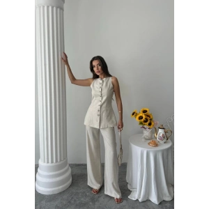 KETEN YELEK - PANTOLON TAKIM - Taş