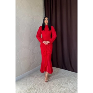 Kırmızı Önü Büzgülü Şifon Elbise