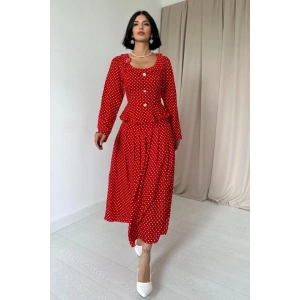 Kırmızı Puantiye Desenli Volanlı Elbise
