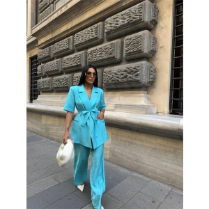 KISA KOL BAĞLAMA DETAYLI CEKET-PANTOLON TAKIM - Mavi