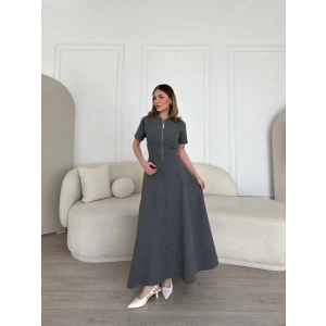 Kısa Kollu Önden Fermuarlı Çan Etekli Uzun Elbise - Antrasit