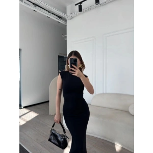 Kolsuz Uzun Likralı Elbise - Siyah