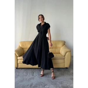 KOLSUZ VATKALI ÖNDEN DÜĞMELİBEL PENS DETAYLI POPLİN ELBİSE - Siyah