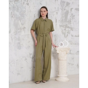 Kuşaklı gömlek yaka salaş tulum haki s255822