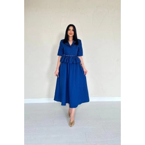 Lacivert İnce Kemerli Fırfırlı Ceket Ve Büzgülü Etek Takım