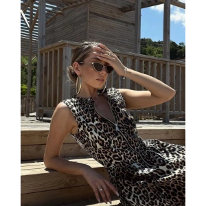 Leopar Desenli Fermuarlı Cepli Pileli Midi Elbise- Leopar