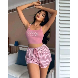 Kadın pembe çizgili desen Askılı Şortlu Pijama Takım 5002