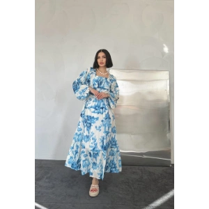 Mavi Arkası Gipeli Uzun Elbise