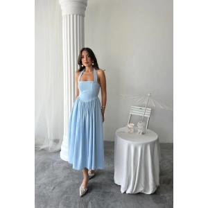 Mavi Boyundan Bağlamalı Keten Elbise