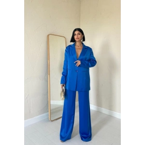 Mavi Saten Ceket Ve Pantolon Takım