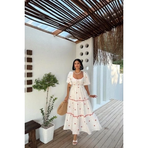 Nar Çiçeği Dantel Detaylı Brode Elbise