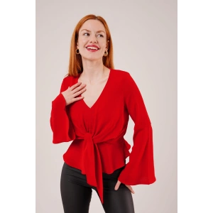 Ön Bağlamalı Volan Kol Kırmızı Bluz