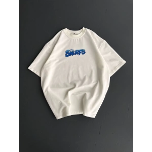 Ön Ve Arka Baskılı Oversize Bisiklet Yaka T-shirt- Beyaz