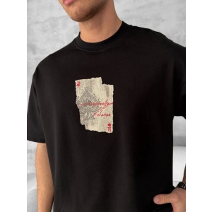 Ön Ve Arka Baskılı Oversize Bisiklet Yaka T-shirt - Siyah