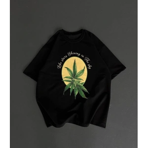 Ön Ve Arka Baskılı Oversize Bisiklet Yaka T-shirt- Siyah