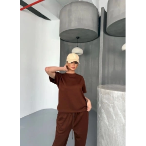 Osy Modal Yumuşak Dokulu Kumaş Kısa Kollu Bluz Rahat Pantalon Ikili Takım- Kahverengi