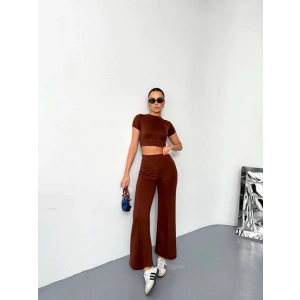 Osy Modal Yumuşak Dokulu Kumaş Kısa Kollu Crop Alt Ispanyol Paça Pantalon Ikili Takım - Kahverengi