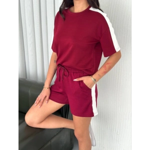 Osy Modal Yumuşak Dokulu Kumaş Parçalı Bisiklet Yaka T-shirt Kısa Şort İkili Takım -  Bordo