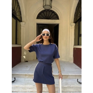 Osy Modal Yumuşak Dokulu Kumaş Parçalı Bisiklet Yaka T-shirt Mini Şortlu Etek İkili Takım -Lacivert