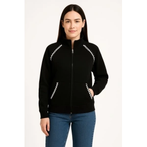 Oversize Dik Yaka Fermuarlı Sweatshirt - Zincir Nakışli Kanguru Cepli, - Siyah