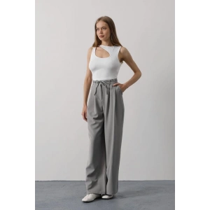 Pileli Bağcıklı Oversize Pantolon - Gri