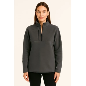 Polar Kazak – Dik Yaka, Yarım Fermuarlı, Fermuarlı Göğüs Cepli, Siyah Biyeli, Kışlık Rahat Regular Fit Günlük Model - Füme