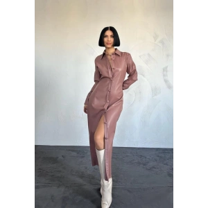 Pudra Boydan Düğmeli Deri Elbise