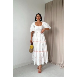 Pudra Dantel Detaylı Brode Elbise