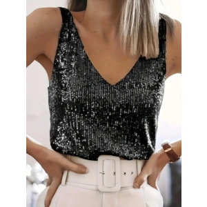 Pul Payetli Sıfır Kol Bluz -Siyah