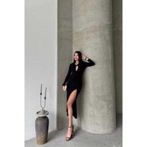 SANDY ELBİSE BÜZGÜ DETAYLI - Siyah