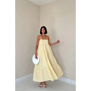 Sarı Askılı Parçalı Çizgili Müslin Elbise