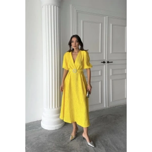 Sarı Işıltılı Kemerli Kruvaze Elbise