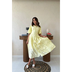 Sarı Kemerli Balon Kollu Elbise