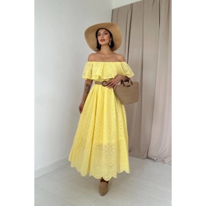 Sarı Omzu Lastikli Brode Elbise
