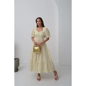 Sarı Süs Düğmeli Balon Kollu Elbise