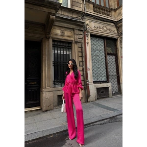 SATEN KRUVAZE BAĞLAMALI BLUZ- PANTOLON TAKIM - Fuşya