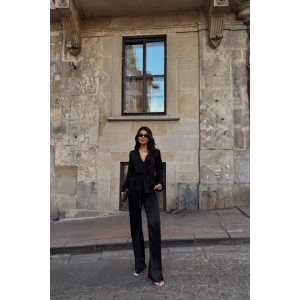 SATEN KRUVAZE BAĞLAMALI BLUZ- PANTOLON TAKIM - Siyah